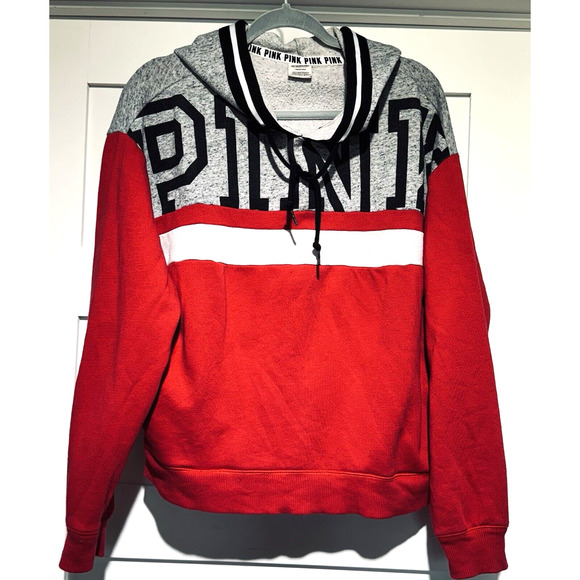Pink Victoria's Secret Colorblock Pullover Hoodie Red,Gray,Black,White Women's L - Picture 1 of 7
